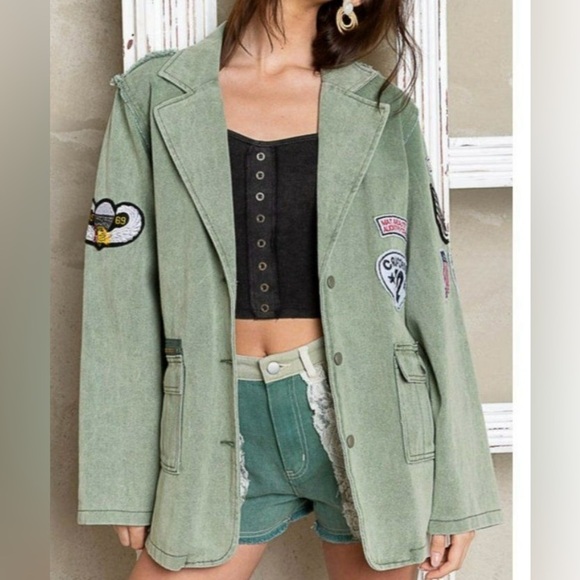 Kennedy Distressed Long Sleeve Military Jacket in Matcha - Picture 15 of 16